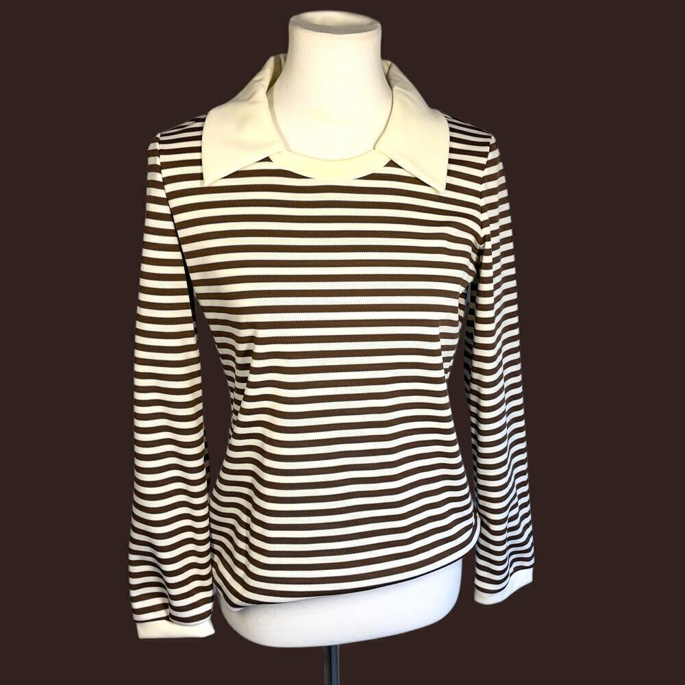 JCPenny Vintage Brown Striped Polo Top Medium - Picture 8 of 12